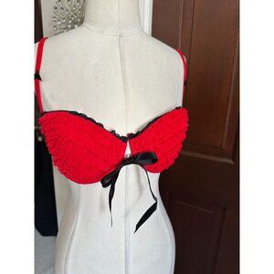 Red Rhumba Balconette: Black Lace, Coquette Bow - 1990s Victoria's Secret 34D